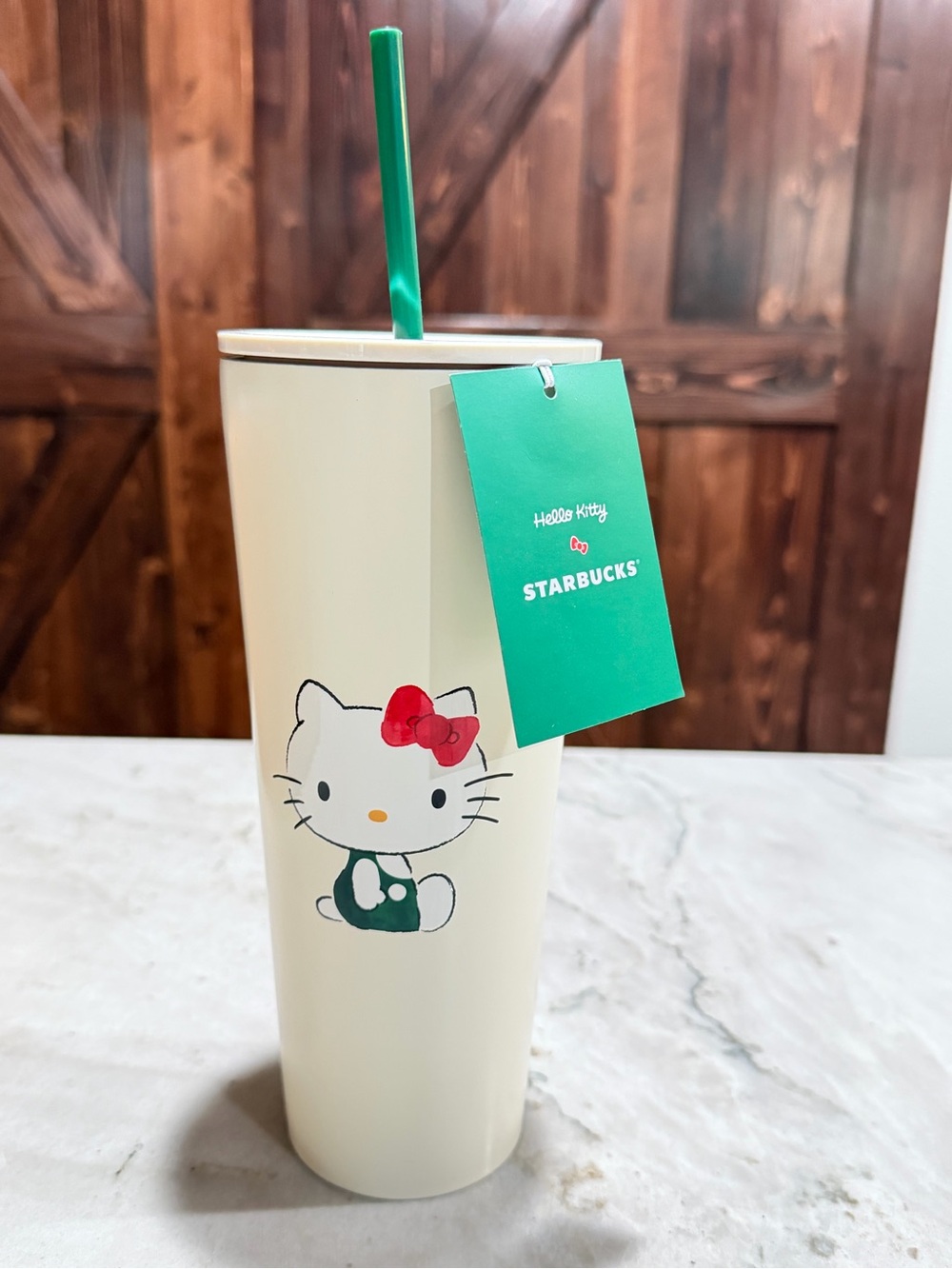 Starbucks Cream Hello Kitty Tumbler with Red Bow and Green Straw
